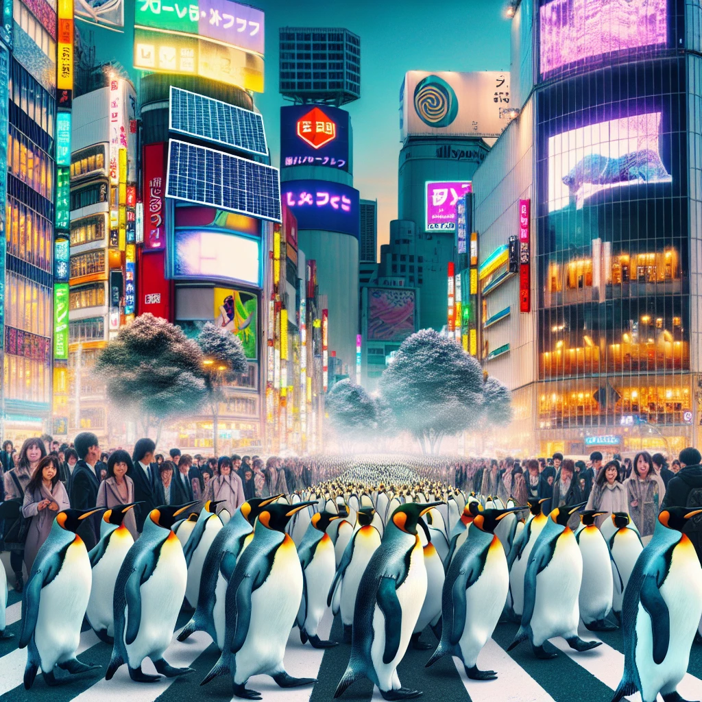 東京の横断歩道を、背中に太陽光パネルを貼り付けた巨大なペンギンたちが大集団で行進し、周囲の人々が驚いた様子で見守っている光景。