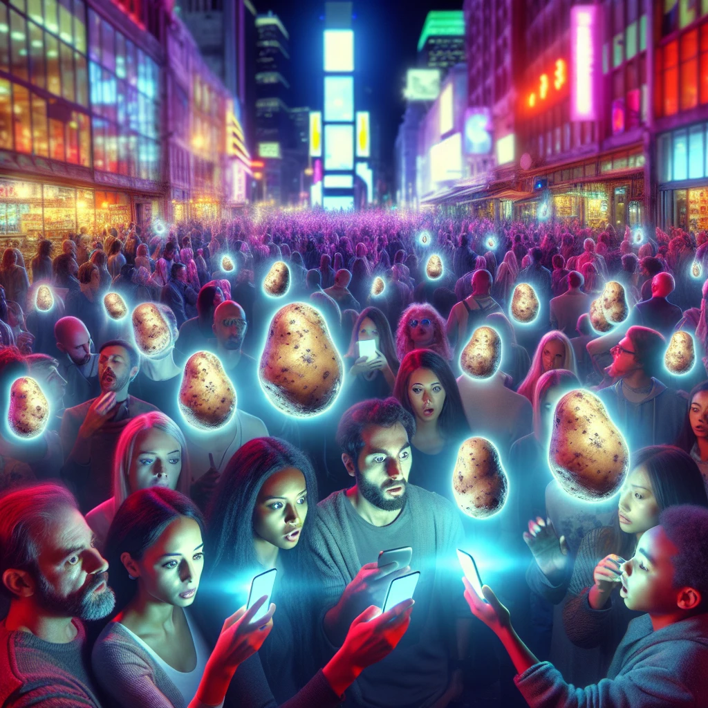 夜の都市広場で、スマートフォンに浮かぶ発光するじゃがいも型ホログラムを見つめる人々が混乱した表情で集まっている様子。
