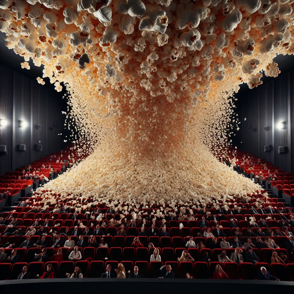 巨大な映画館の座席がほとんど見えないほどポップコーンで埋め尽くされ、頭上から特大のポップコーンが降り注ぐ中、観客が混乱している様子の写真。