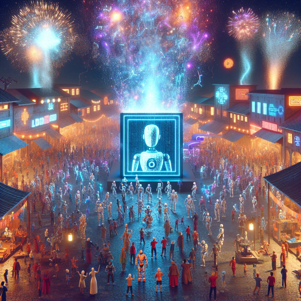 夜の村広場で人間とロボットが量子花火とLEDのAI村長フロートの前で祝っているカオスな光景。