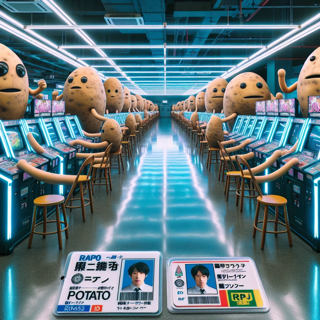 ゲームセンターのRPG筐体の前に並んだプレイヤーたちの顔が巨大なじゃがいもになり、名札や名刺に“じゃがいも”と書かれている様子。