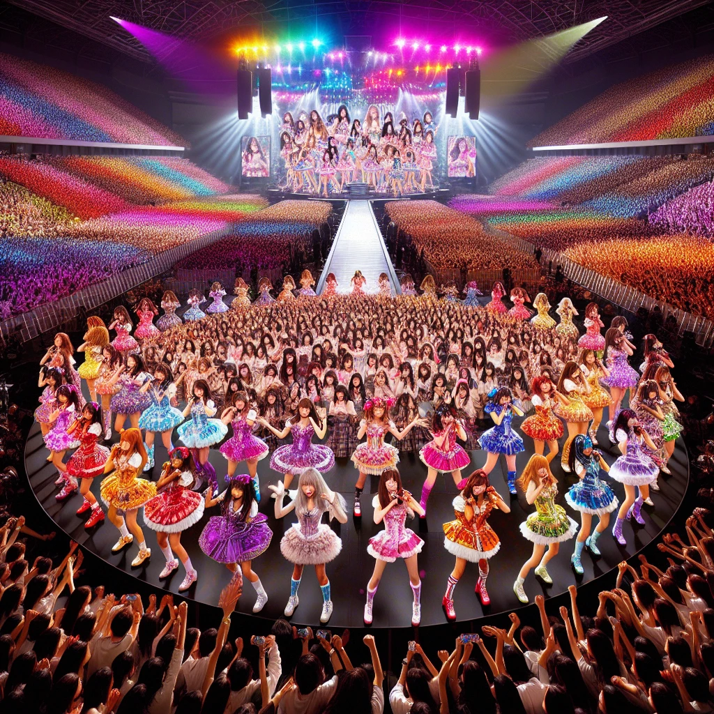 ステージ上に同じユニフォーム姿のアイドルが数千人並び、観客やスタッフが混乱している様子のリアルな写真。