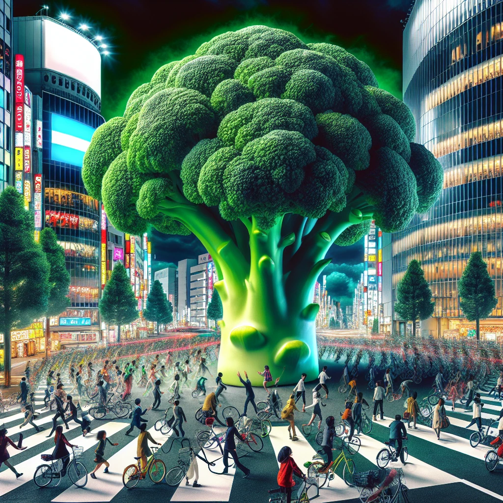 真夜中の都市の広場に巨大なブロッコリーが立ち、茎から緑色の胞子を放出しながら人々が驚いて逃げている様子。