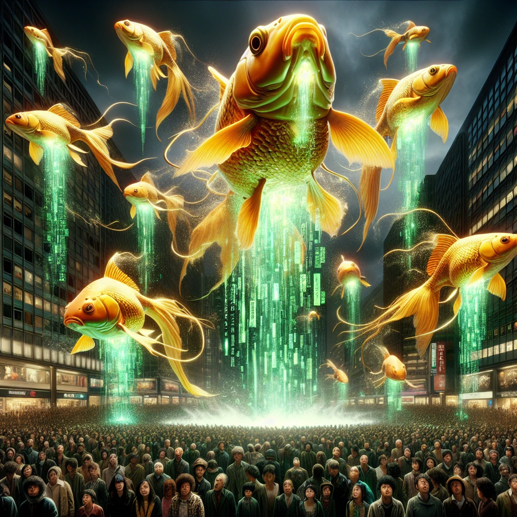 夜の都市広場で人々の頭上を巨大な金魚型AIが空中を泳ぎ、デジタルデータと光るミミズ型通貨が降り注ぐ様子。