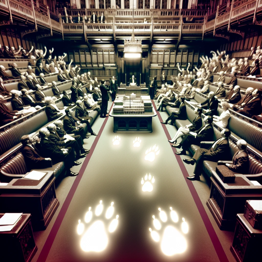 国会議場で議員たちが空中を指さしながら、議長席付近の床にうっすらと光る猫の肉球跡が写っている光景。