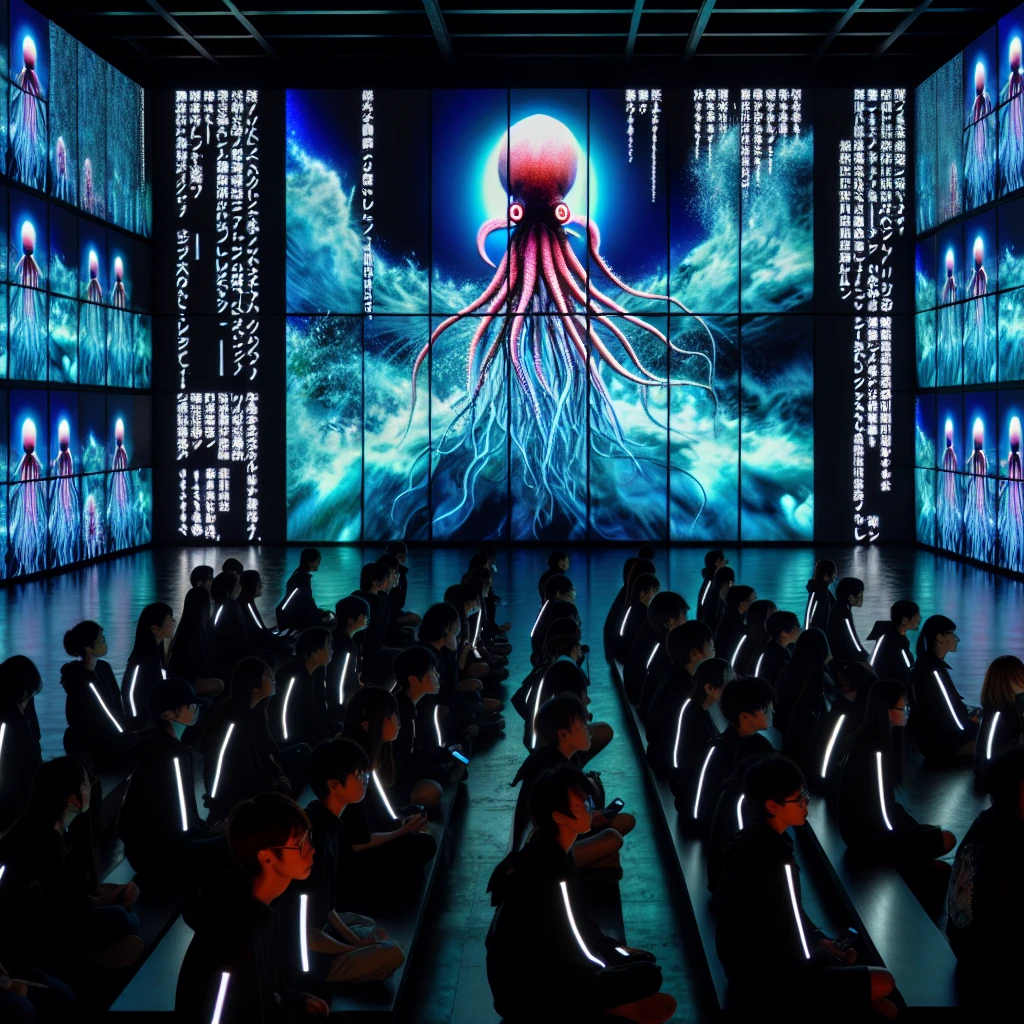 暗い部屋で、多くの人々が同じアニメ『空飛ぶイカ天使』のオープニング映像を食い入るように見つめる様子。