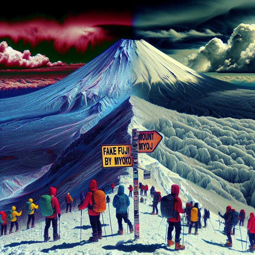 雪に覆われた山頂で『にせ富士山 by 妙高』と書かれた看板が立ち、登山者たちが困惑した表情で周囲を見回している様子。