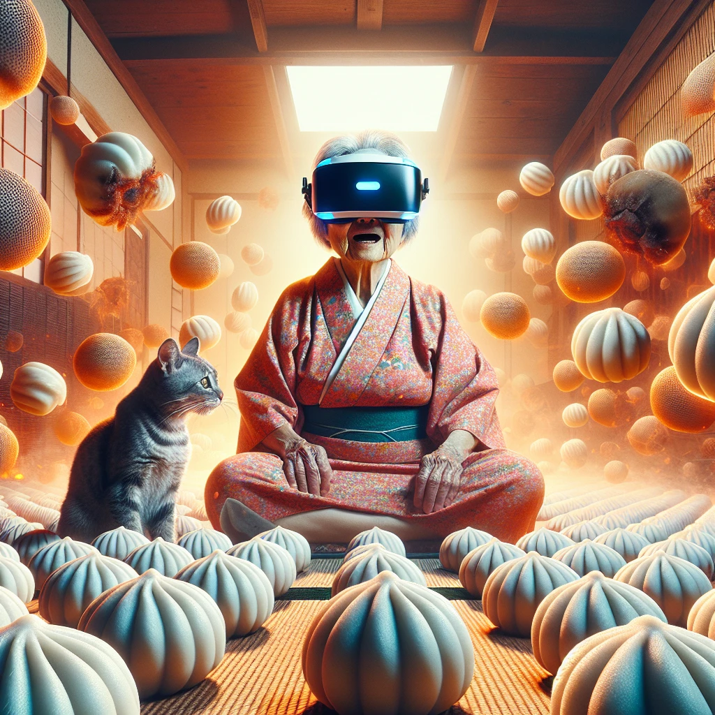 畳の上に座る高齢女性がVRヘッドセットを付け、現実の団子が床一面に散乱し驚いた表情をしている。