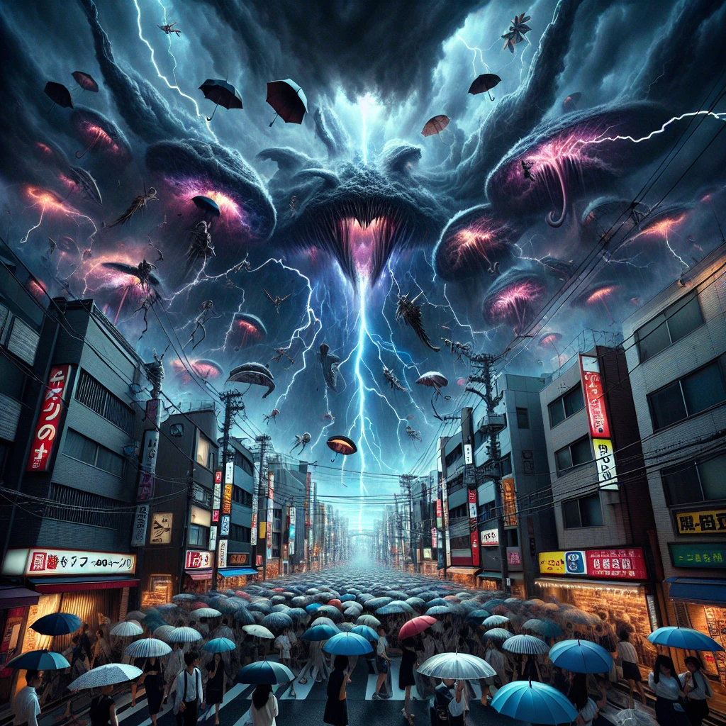 雷雲に吸い上げられる傘と驚く歩行者が混乱する日本の市街地の様子。