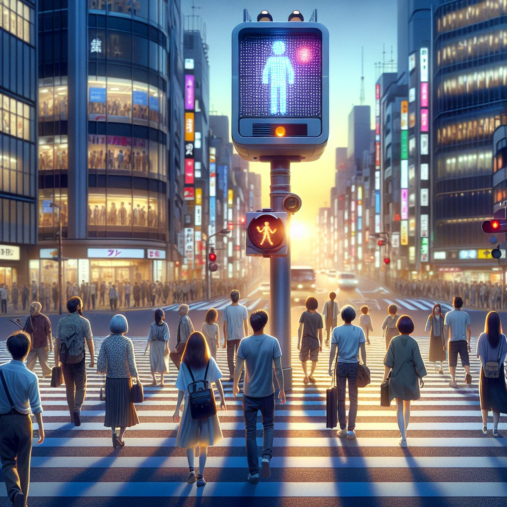 日本の幹線道路で、現代的な信号機の下で立ち止まり、驚きや笑顔を見せる歩行者たちの様子。