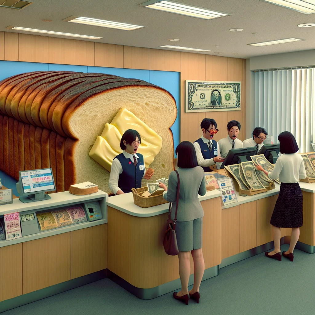銀行の窓口で客がスタッフからバターが溶けた巨大なトースト紙幣を受け取っている様子。