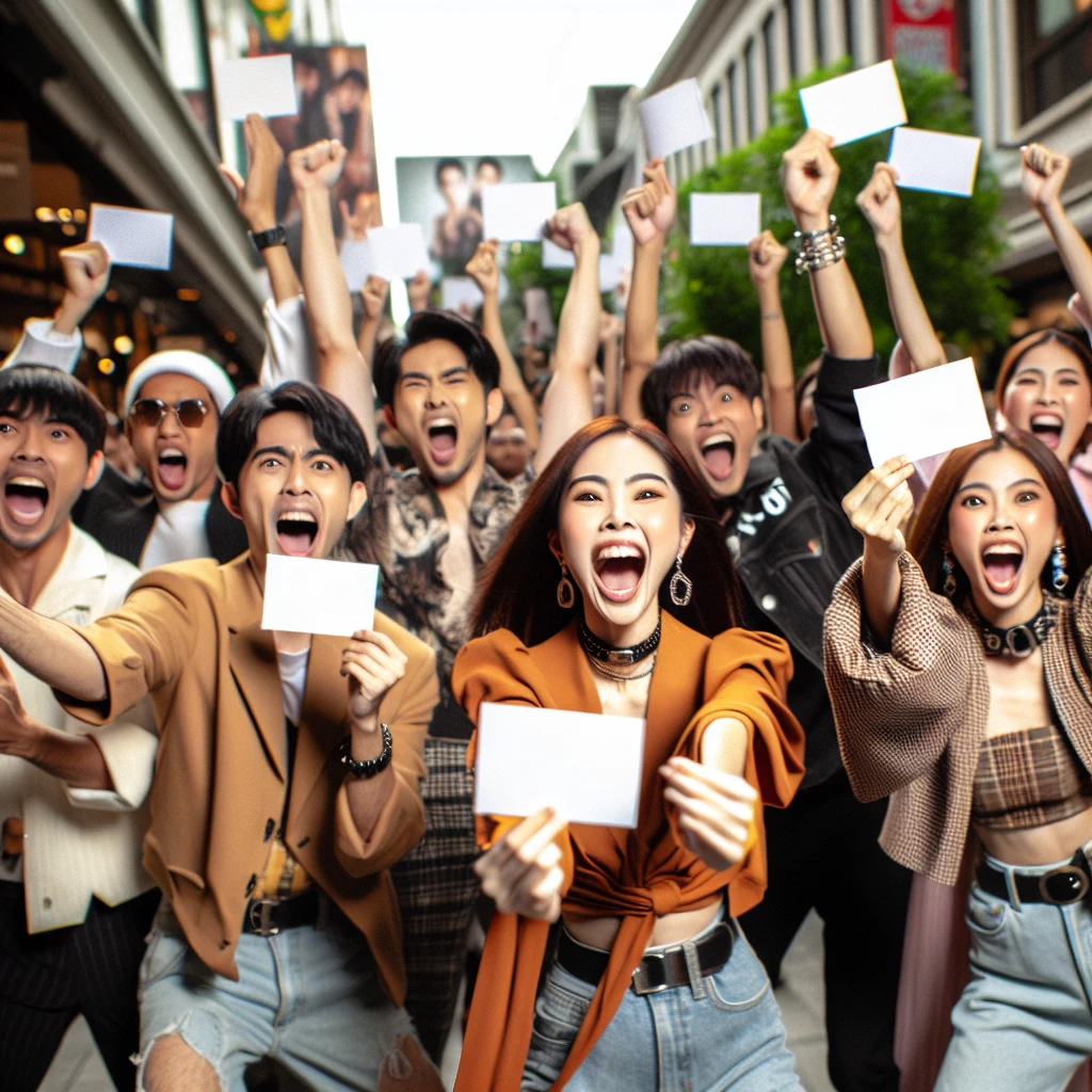 街なかで熱気あふれる表情のオタクたちが、手に何も持っていないように見えるが必死に掲げている様子の写真。