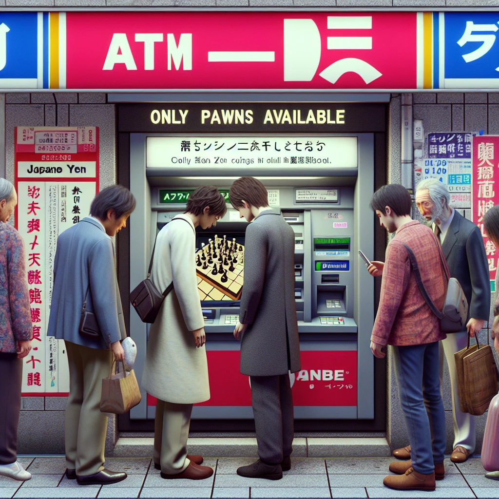 ATMの前で「歩しか出ません」と書かれた貼り紙を見て、将棋の駒に変わったお金を手に困惑する人々の写真。