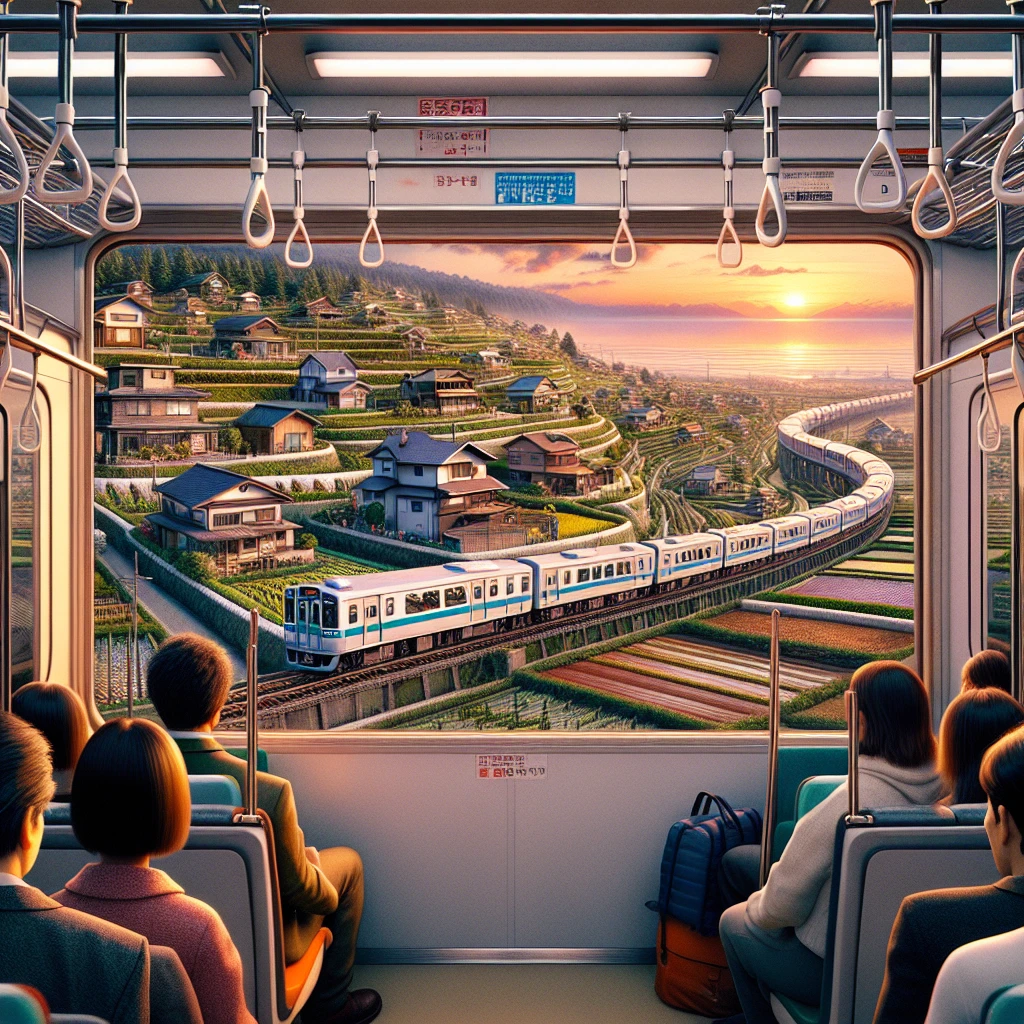 朝焼けの中、通勤電車の窓から回転する地形と住宅街を見つめる人々の様子。