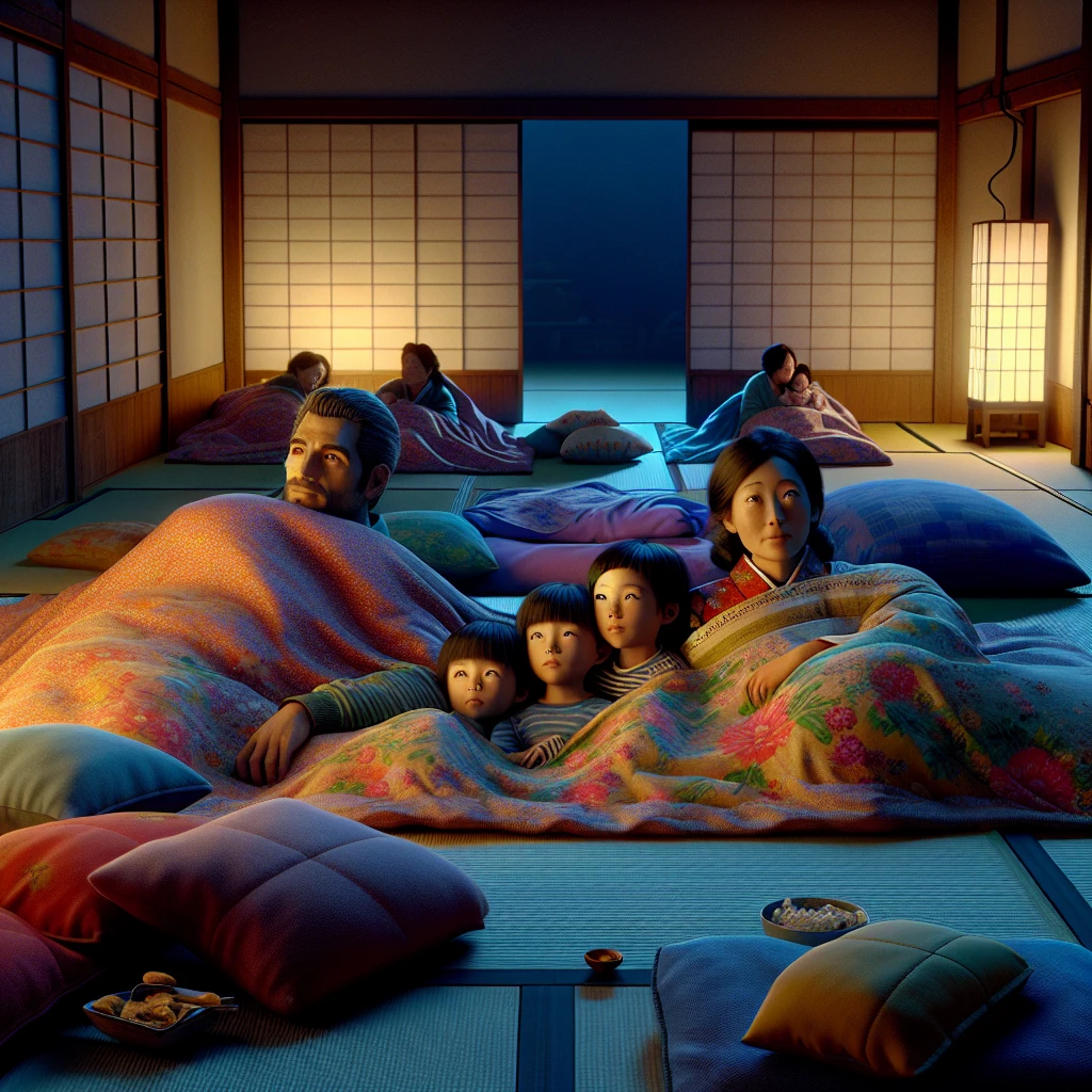 日本のリビングで家族がふとんにくるまり、掛け布団に動画が投影されている様子。