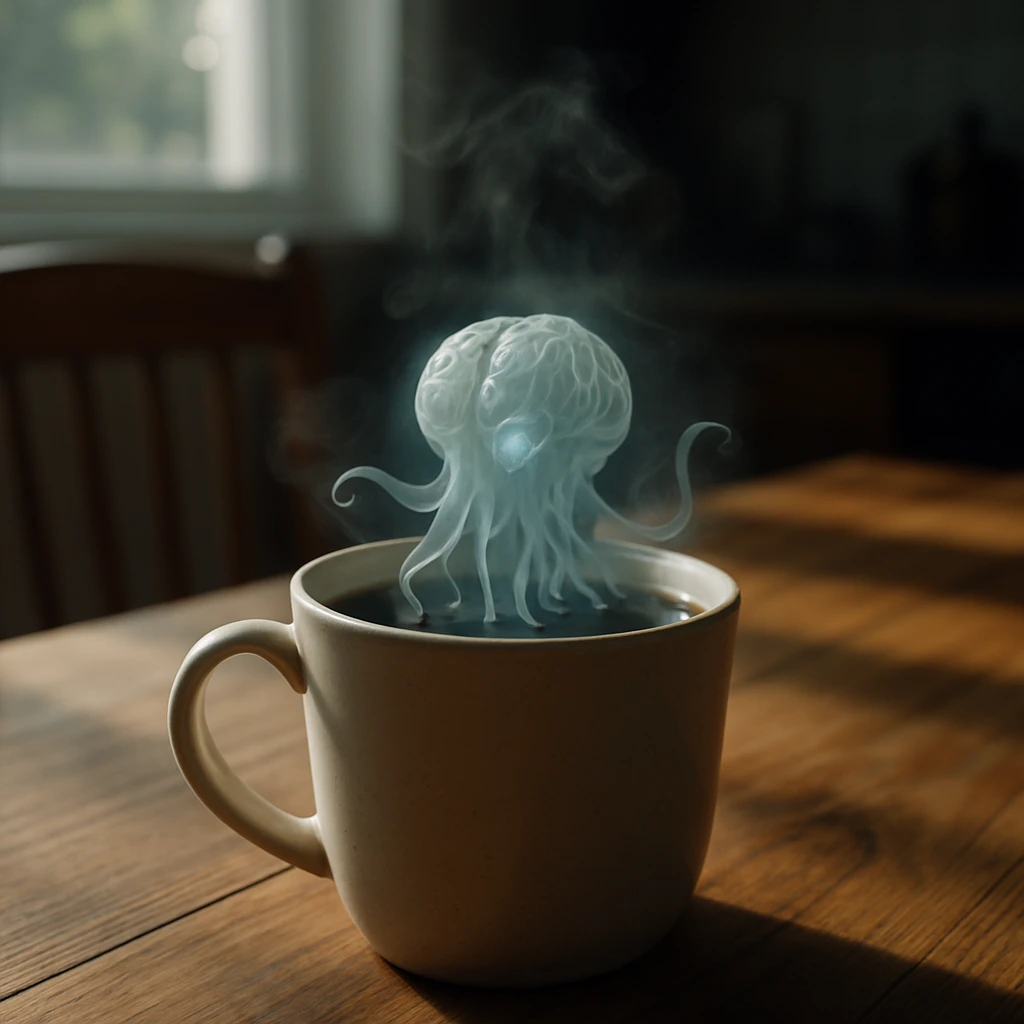 木製テーブルの上に置かれたコーヒーカップから半透明のタコの脳のような存在が浮かび上がっている様子。