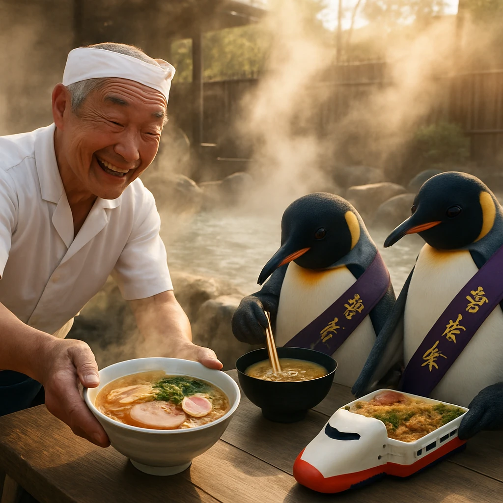 温泉の湯煙が立ちこめる中、ラーメンを提供する店主と、審査員として並んで座るペンギンたちがラーメンと駅弁を味わう様子。