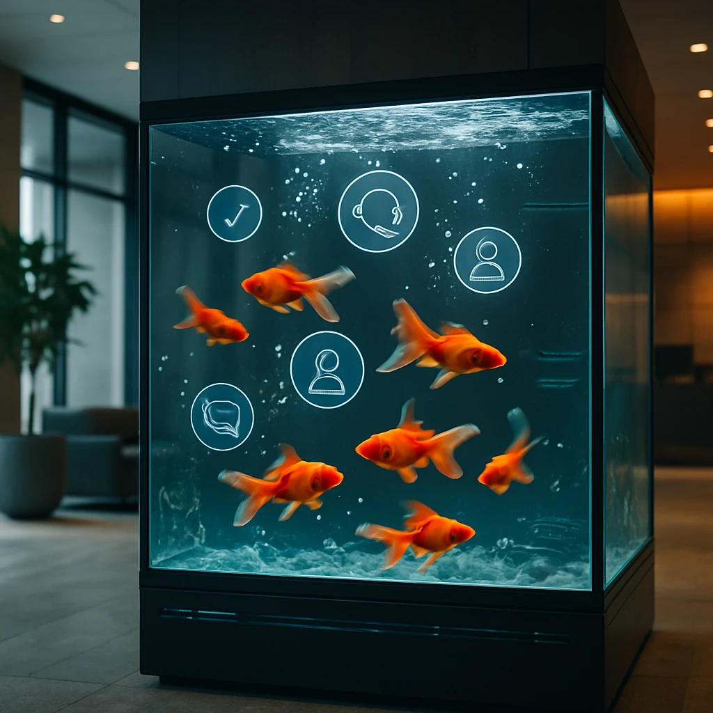 オフィスのロビー中央に設置された近未来的な水槽と金魚たちが映る光景。