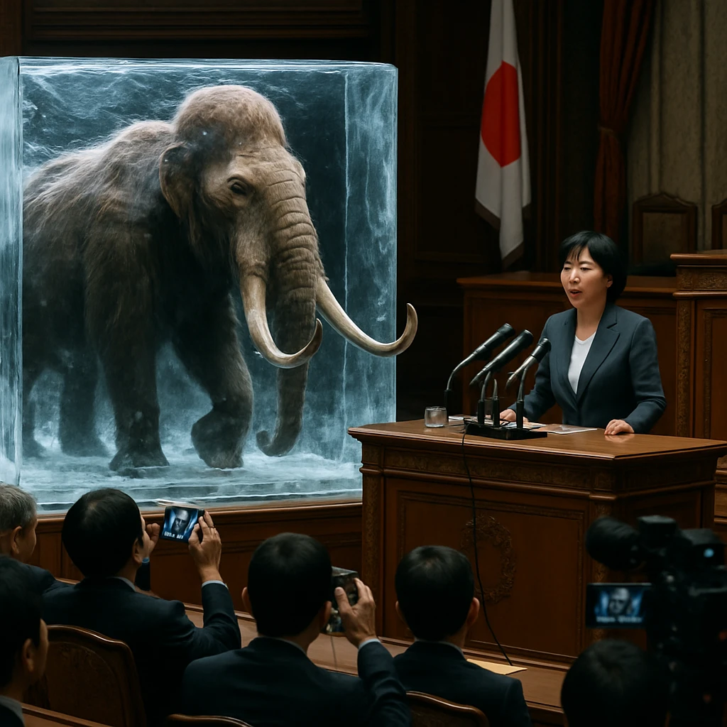 日本の議場でスーツ姿の女性議員の隣に巨大な氷漬けのマンモスが設置され、驚いた聴衆が見守る様子。