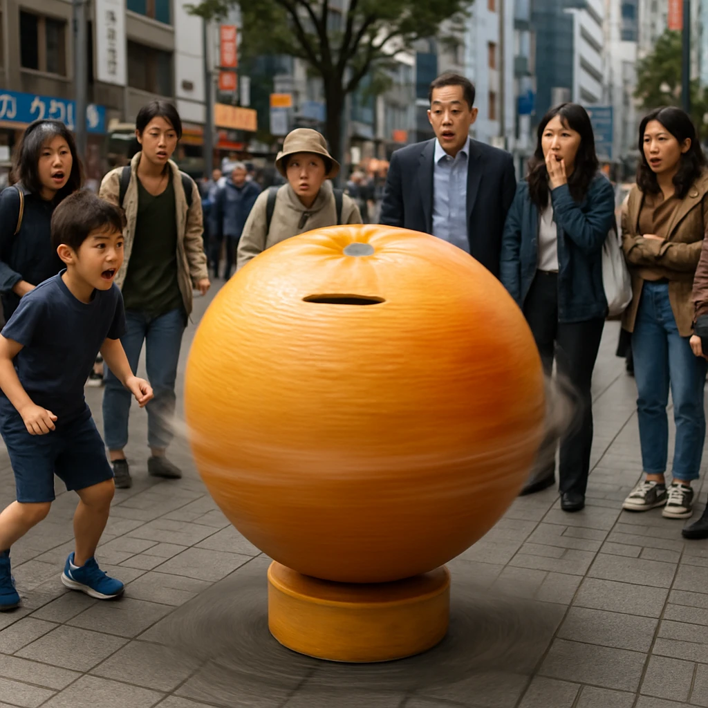 日本の広場でグレープフルーツ型の募金箱が高速回転し、市民たちが驚いた表情で囲んでいる様子。