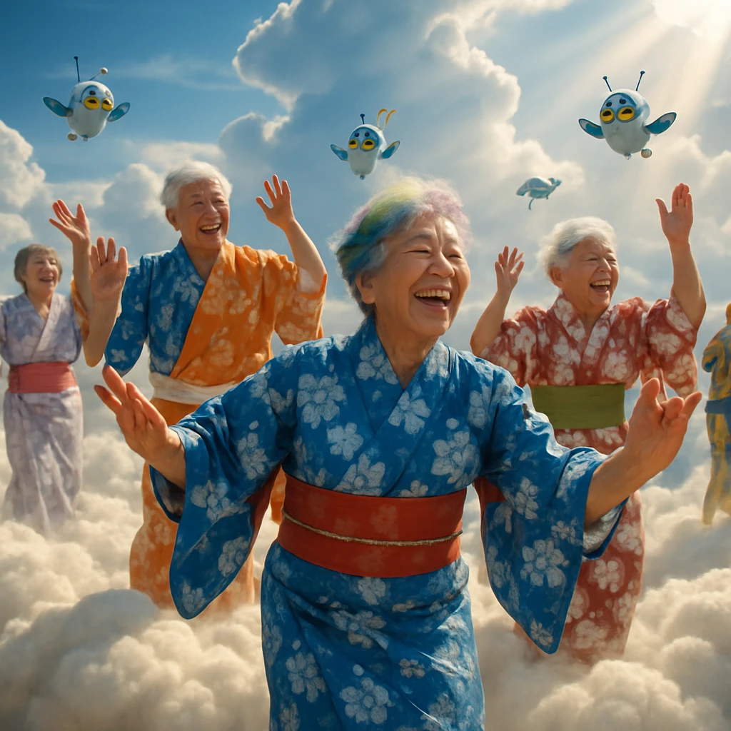 巨大な雲の上で色とりどりの浴衣を着たシニアたちが楽しそうに盆踊りを踊っている様子。