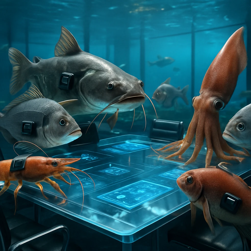 多様な魚たちがIoT端末を装着し、透明なテーブルの周りで水中会議を行う様子のリアルな写真風画像。