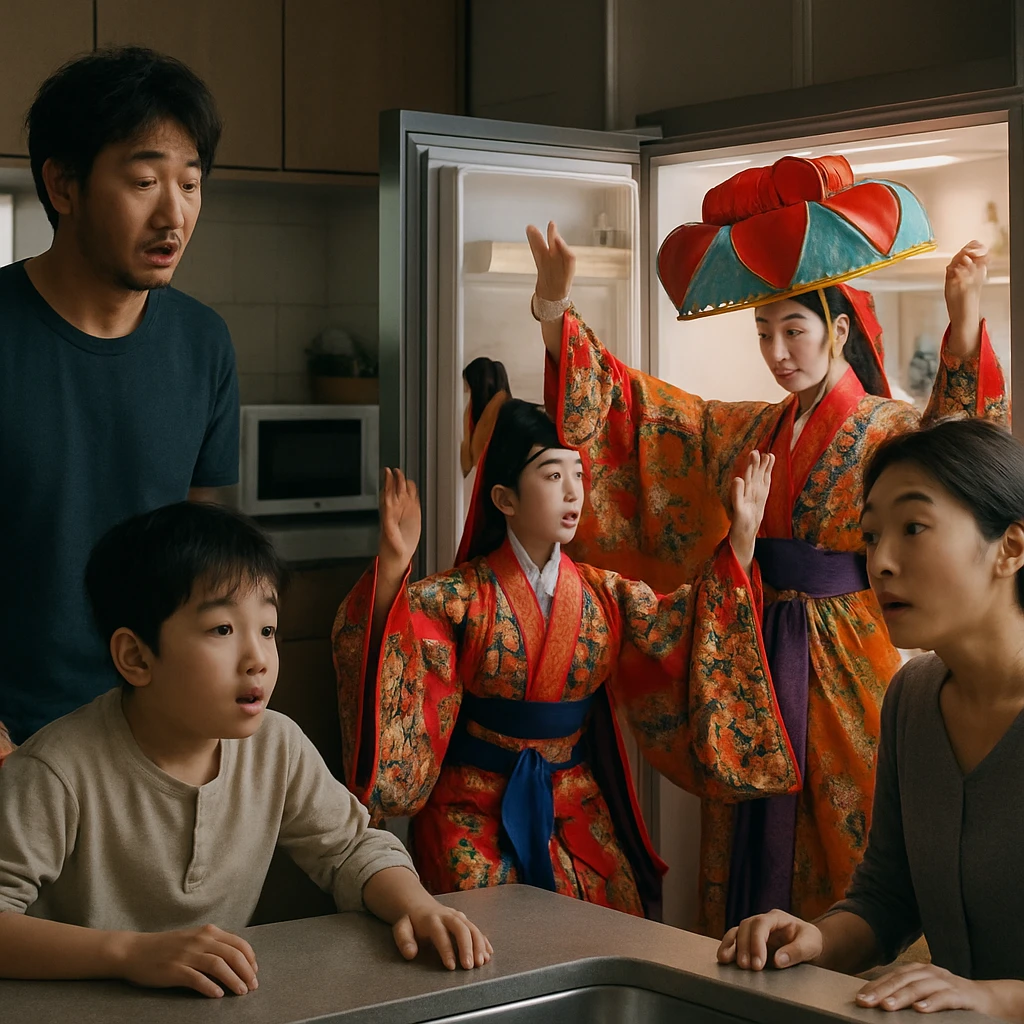 現代的な日本の家庭のキッチンで、冷蔵庫から伝統舞踊の衣装を着た人々が現れ、家族が驚きつつも楽しんでいる様子。