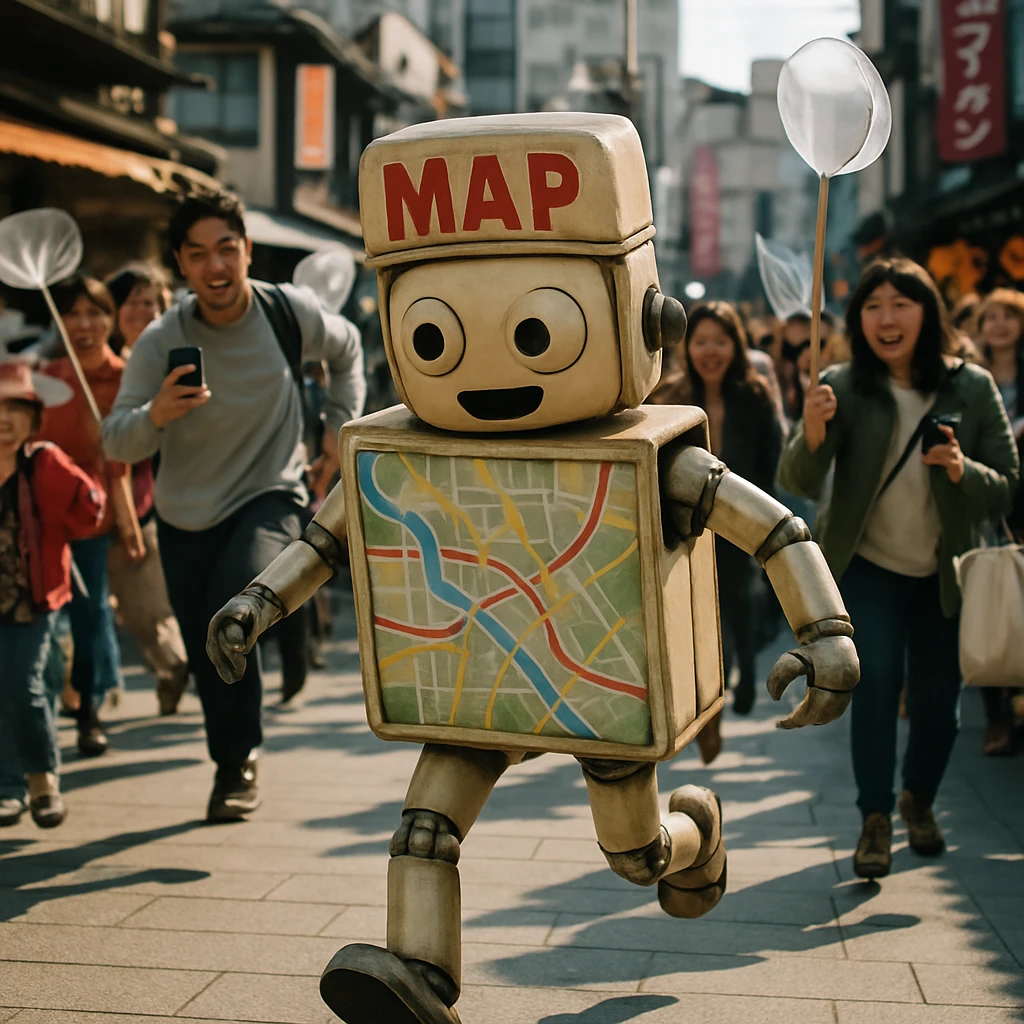 日本の町で地図型ロボットを住民や観光客が追いかけている賑やかな様子の写真。