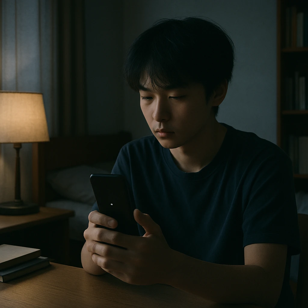 薄暗い部屋で、スマートフォンの黒い画面と小さな光点を見つめる高校生の横顔。