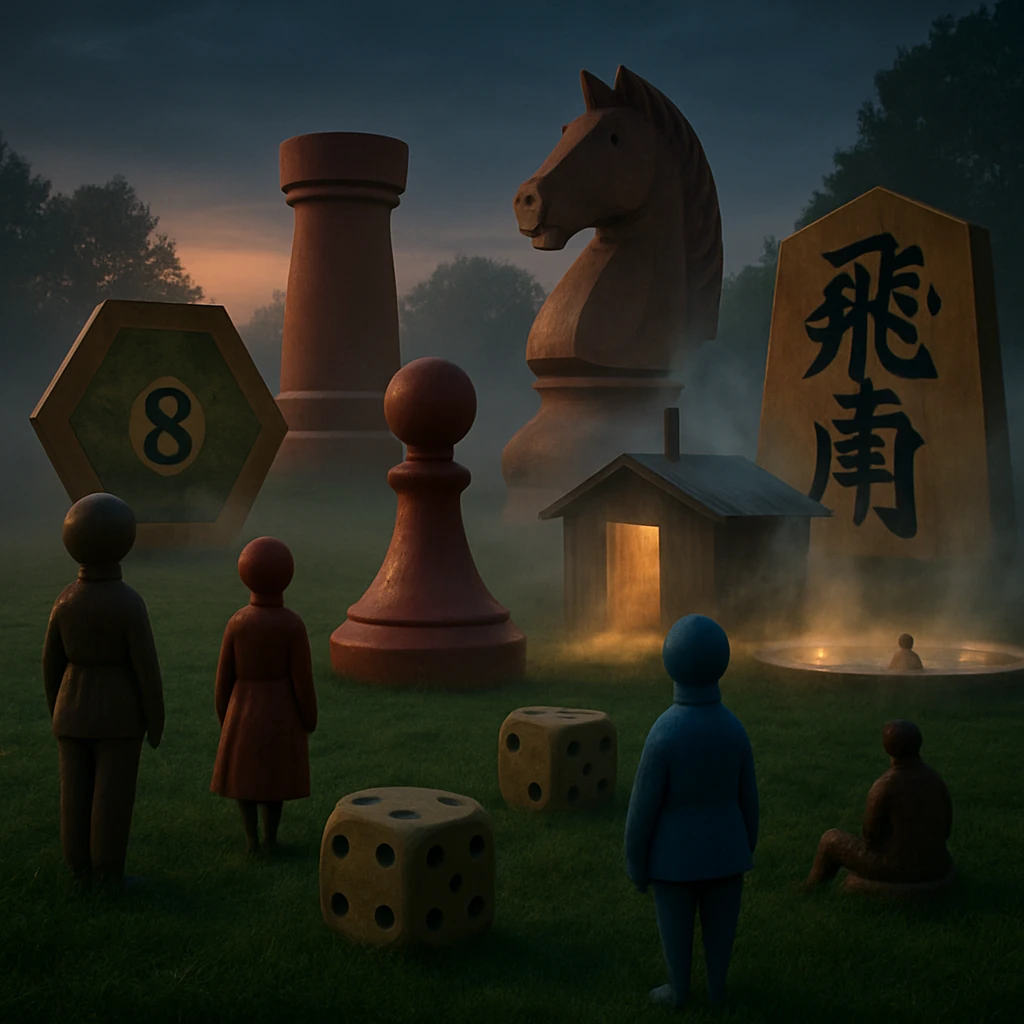 巨大なボードゲームの駒やサイコロが点在する公園で、人々がコマや資材役として芝生や温泉にいる幻想的な情景。