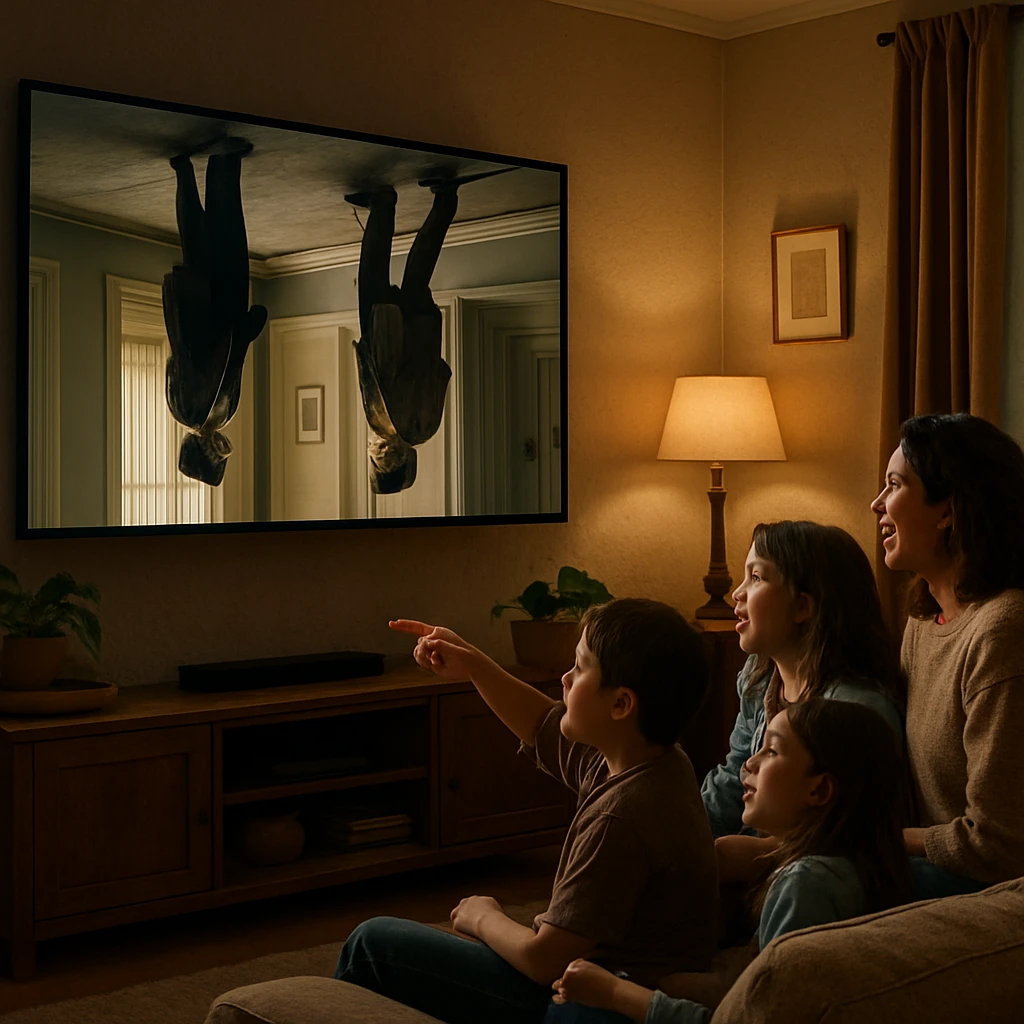 家族がリビングでソファに座り、テレビの逆さまの映像を見て驚きや笑いの表情を浮かべている様子。