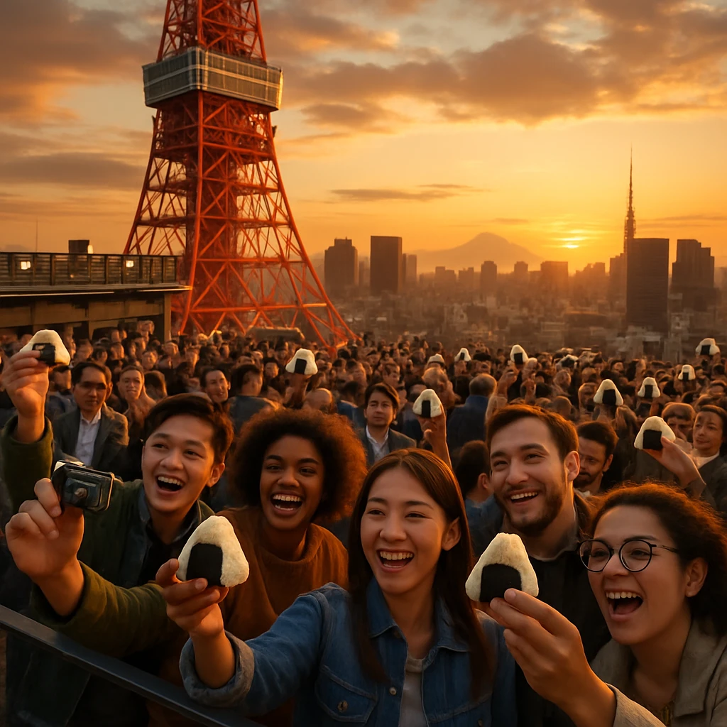 東京の高層電波塔屋上で、多くの人々が工夫を凝らしたおにぎりを自撮りしている様子の写真風イメージ。