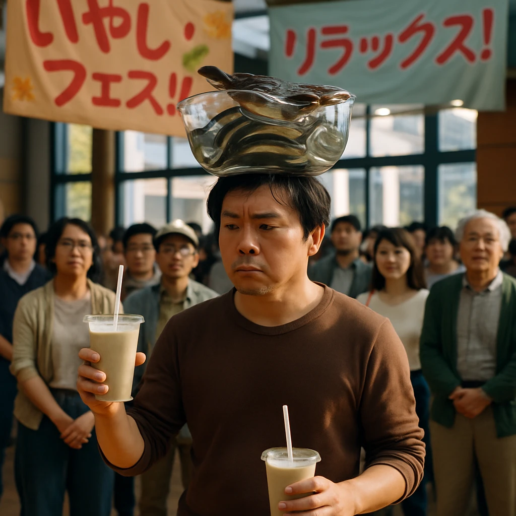頭上にガラスボウル入りうなぎを乗せて真剣な面持ちで歩く参加者の様子。