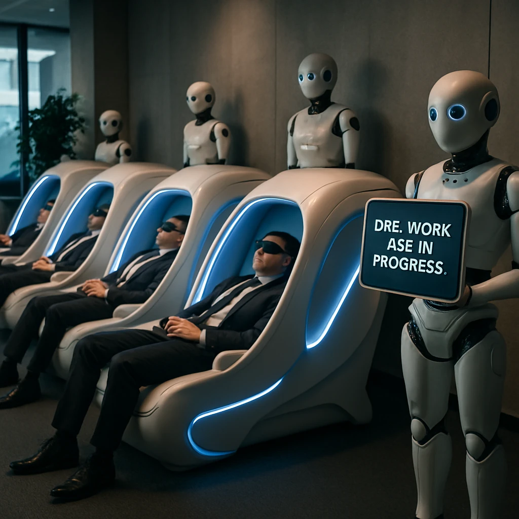 未来的な車中泊カプセルでスーツ姿の社員が寝袋に包まれ眠っており、周囲にロボットが見守るオフィスエントランスの様子。