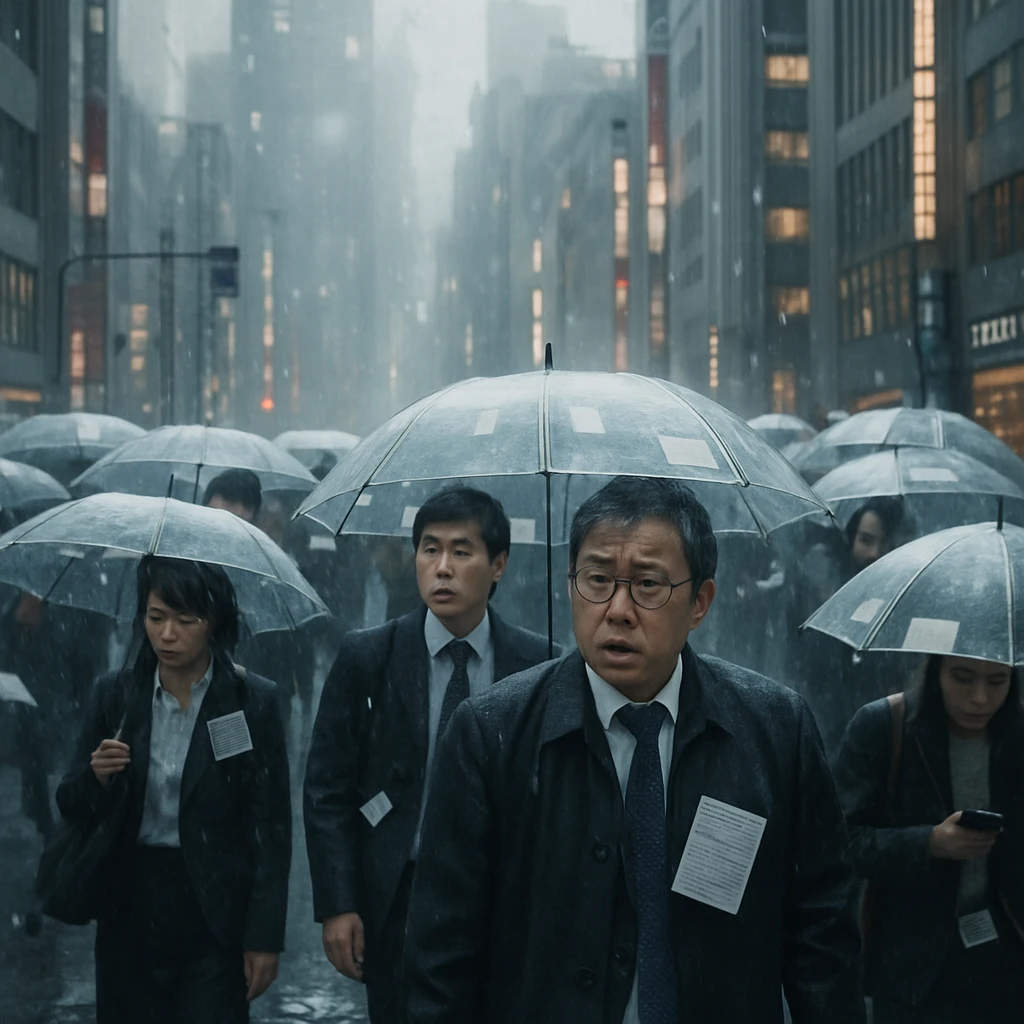 都心の通勤時間帯、電子書類と行政通知がデータの霧雨となって降り注ぎ、傘や人々に張り付いている様子のリアルな写真風画像。