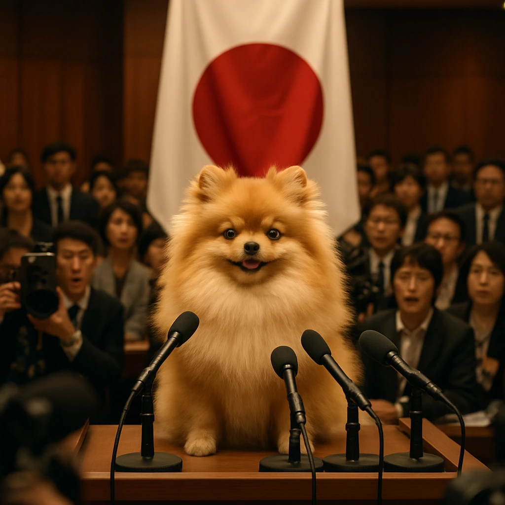 日本の国旗を背に大型記者会見場でマイクに囲まれるポメラニアン犬の姿。