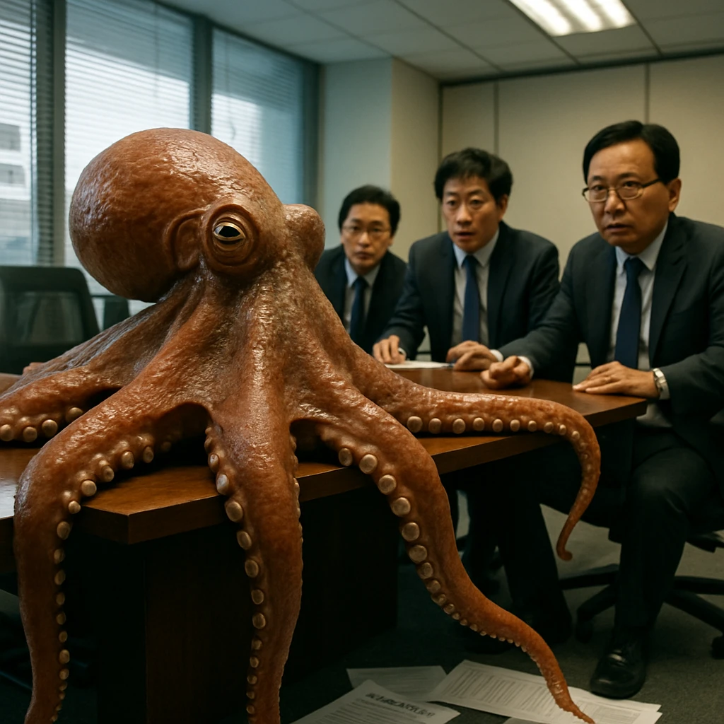会議室のテーブルに吸盤で張り付いた巨大なタコと、それを見つめるスーツ姿の経営陣たちの様子。