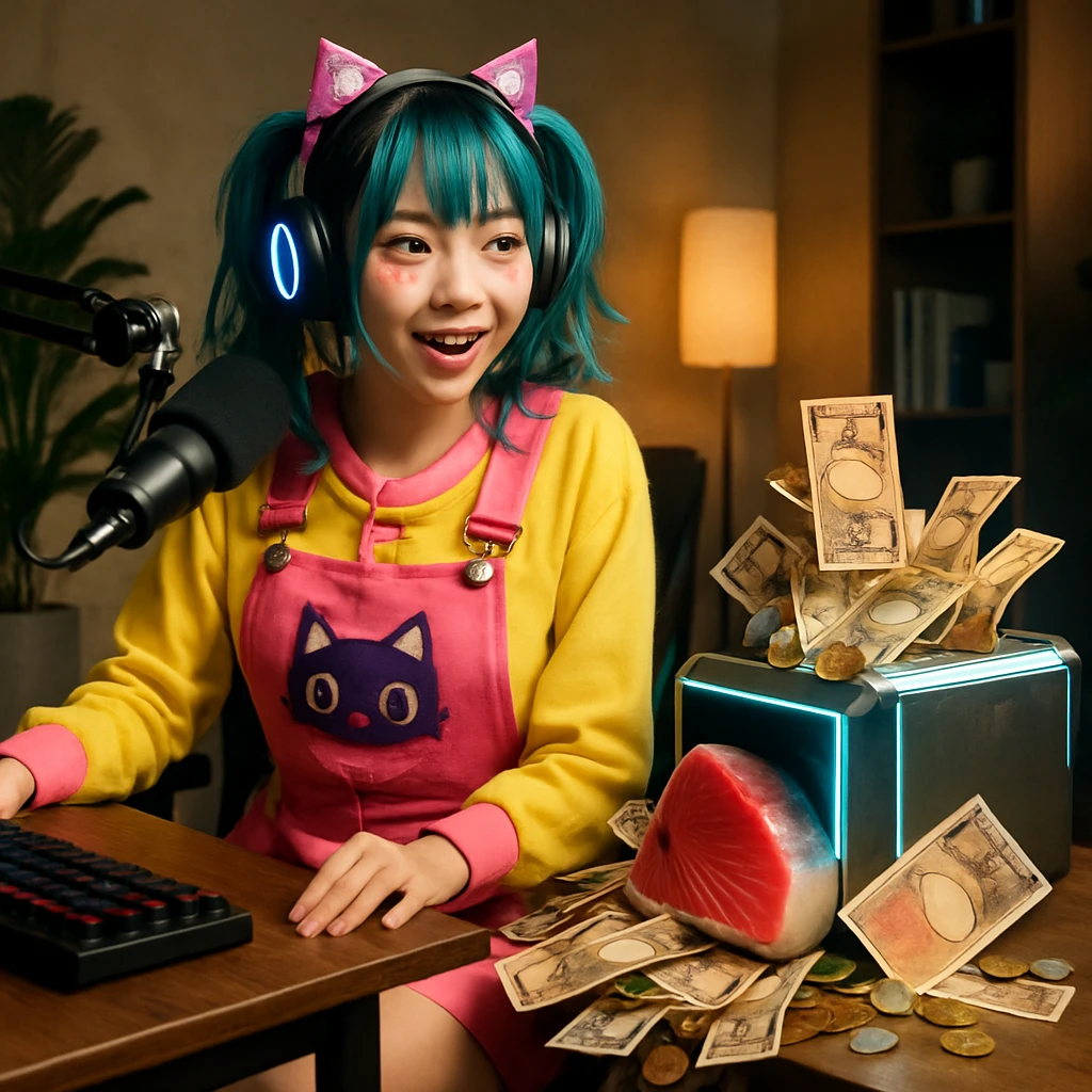 若い女性VTuberの隣に置かれた箱から紙幣や硬貨、マグロの切り身が大量に床へと溢れ出している様子。