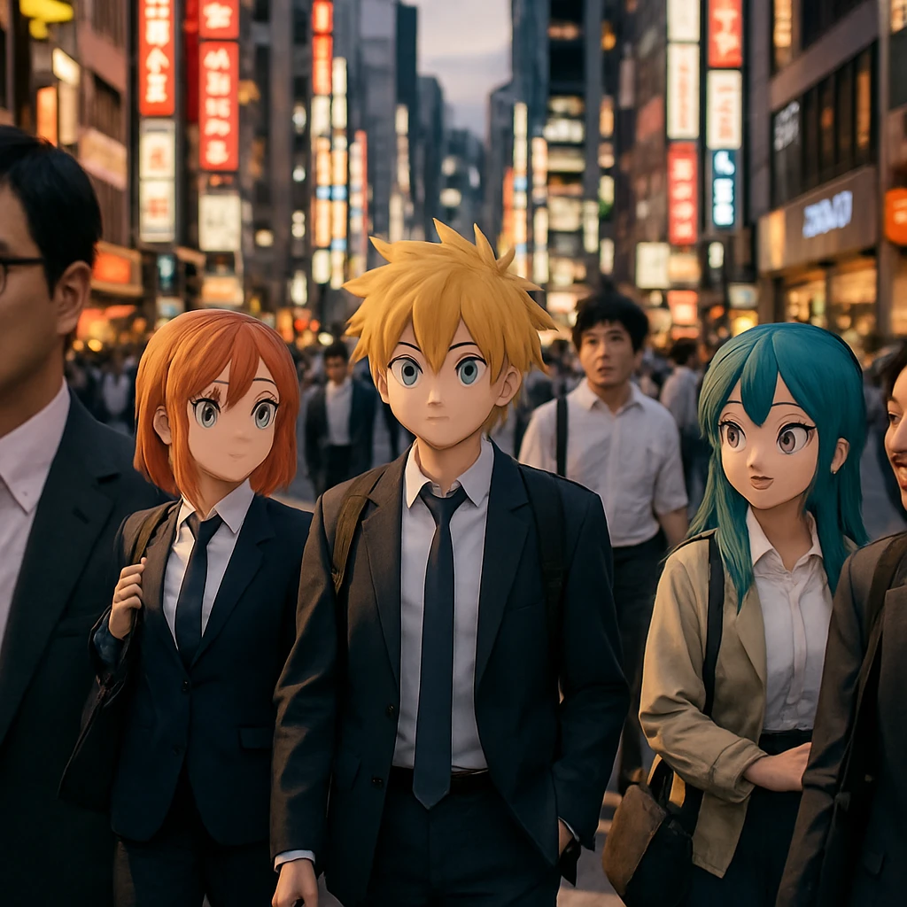 東京の繁華街でアニメキャラクター風の特徴を持つスーツ姿の人々が普通に歩いている様子。