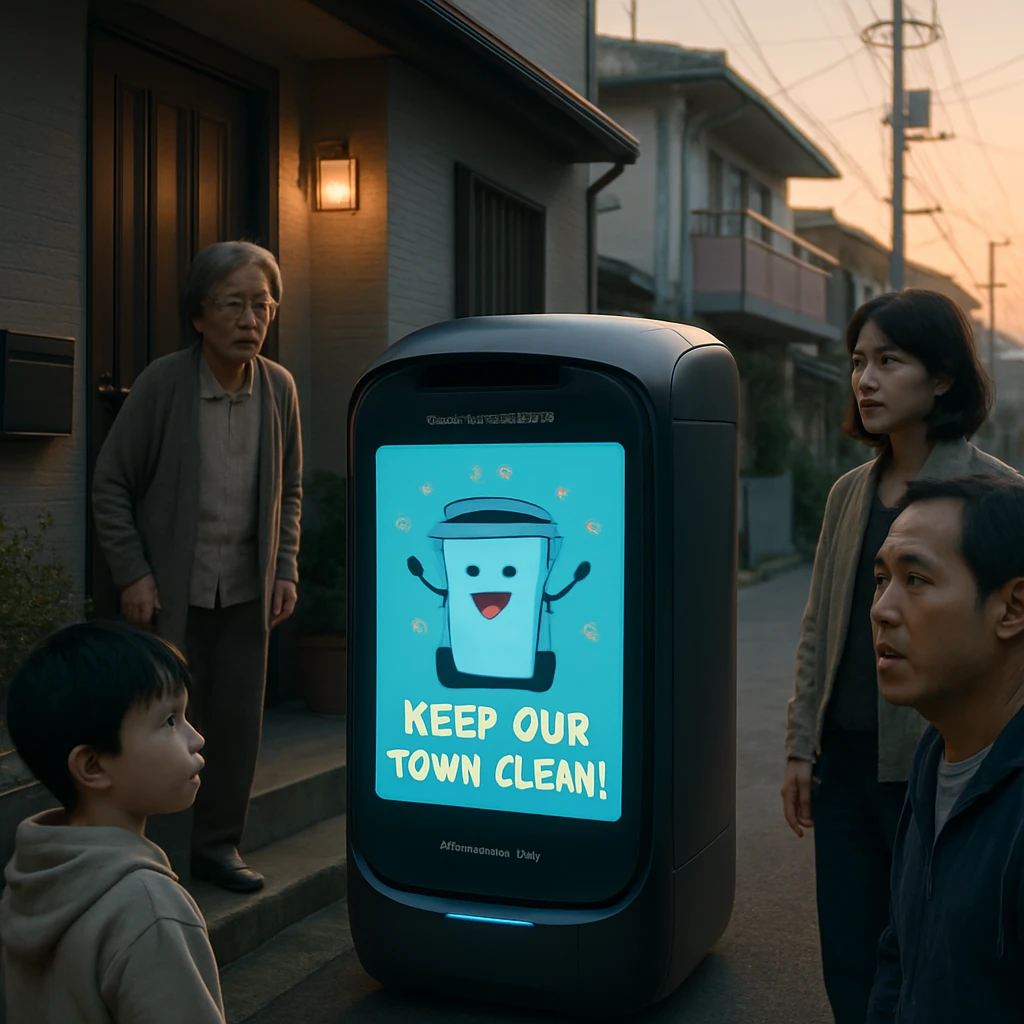 住宅街の玄関先で先進的なスマートゴミ箱が住民たちに囲まれ、選挙メッセージを表示している様子。