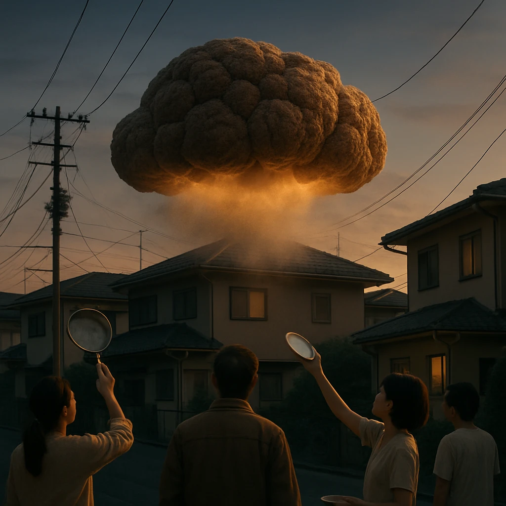 住宅街の上空に巨大なトリュフ雲が低く漂い、人々が見上げたり皿を差し出したりしている様子。