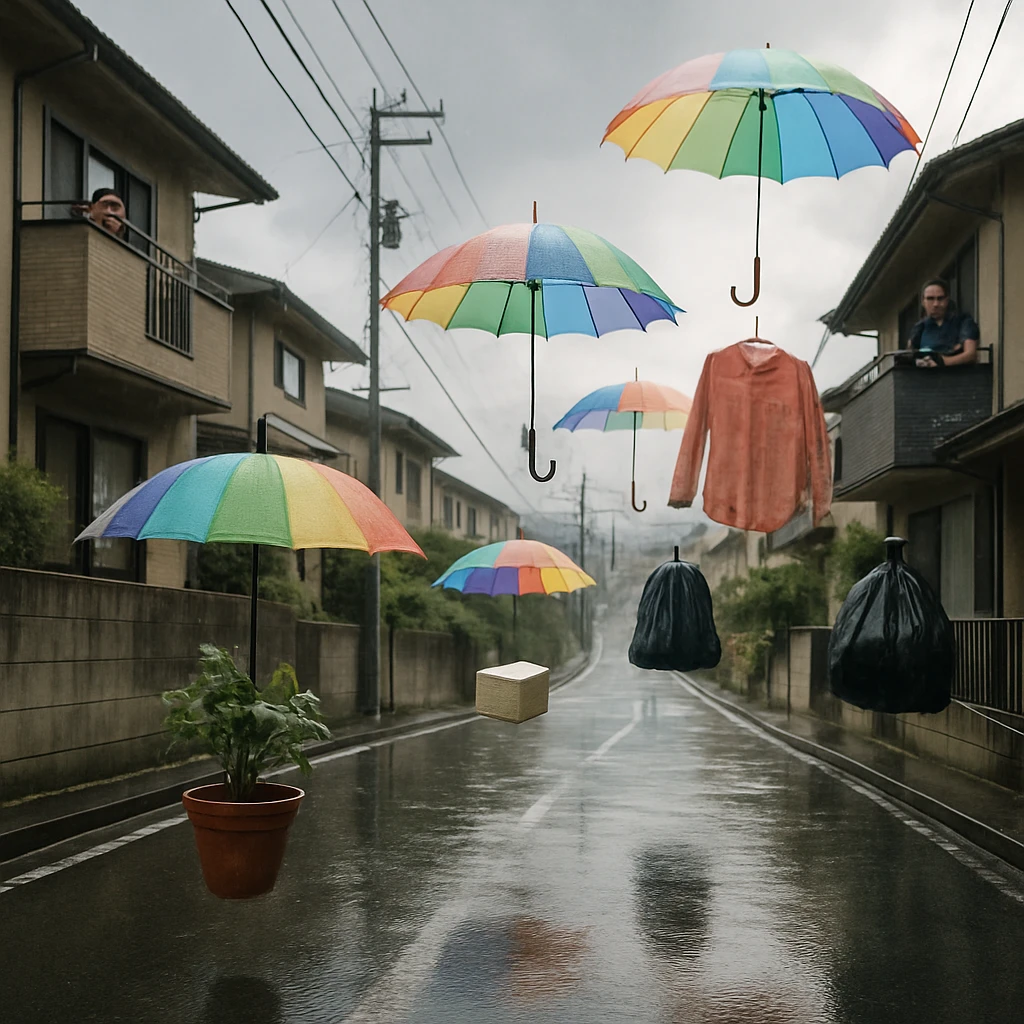 日本の丘陵住宅街で、虹色の傘の下で物やごみ袋が空中に浮かんでいる様子を写した写真。