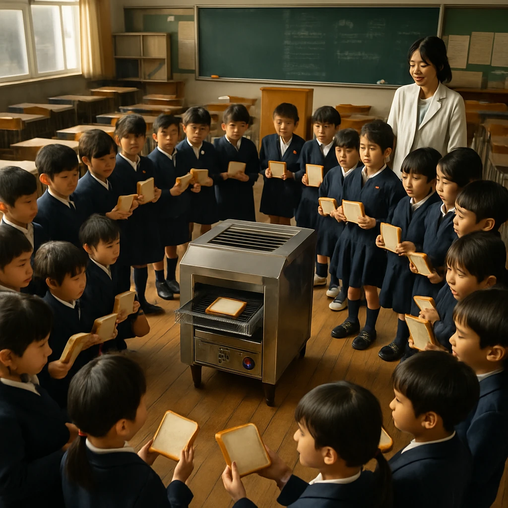 教室の中央に巨大なトースターがあり、生徒たちがパンを手に順番を待ちながら周囲に集まっている。