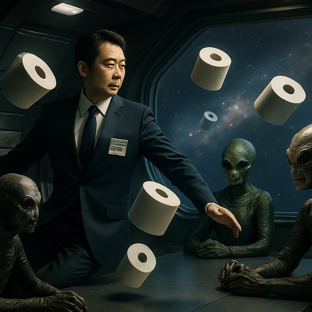 宇宙ステーションの無重力会議室で、多様なエイリアンとともにトイレットペーパーが漂う中、スーツ姿の佐渡健六が浮かぶ光景。