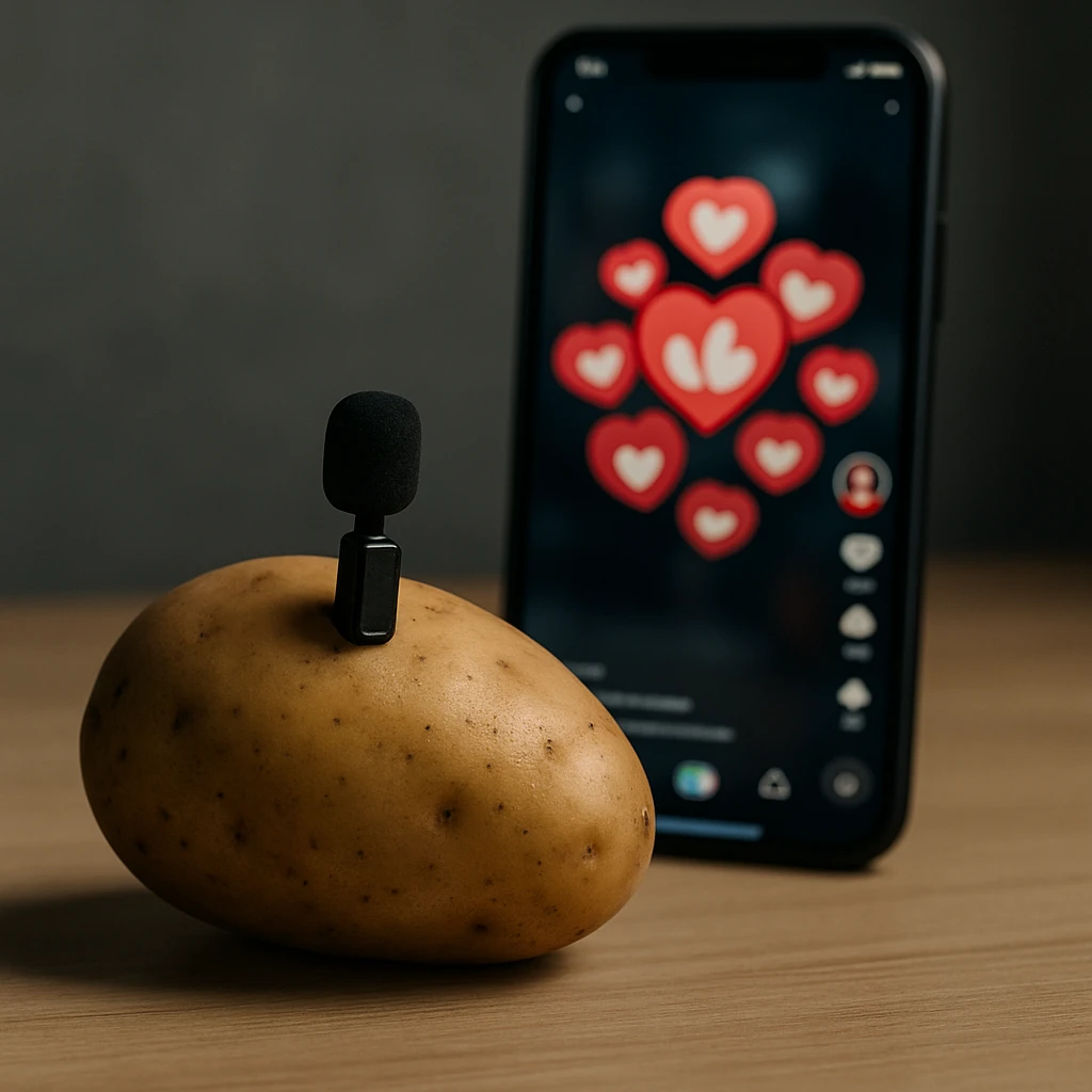 机の上にワイヤレスマイクを付けたジャガイモと、その隣に“いいね”アイコンが溢れるスマートフォンが置かれている様子。