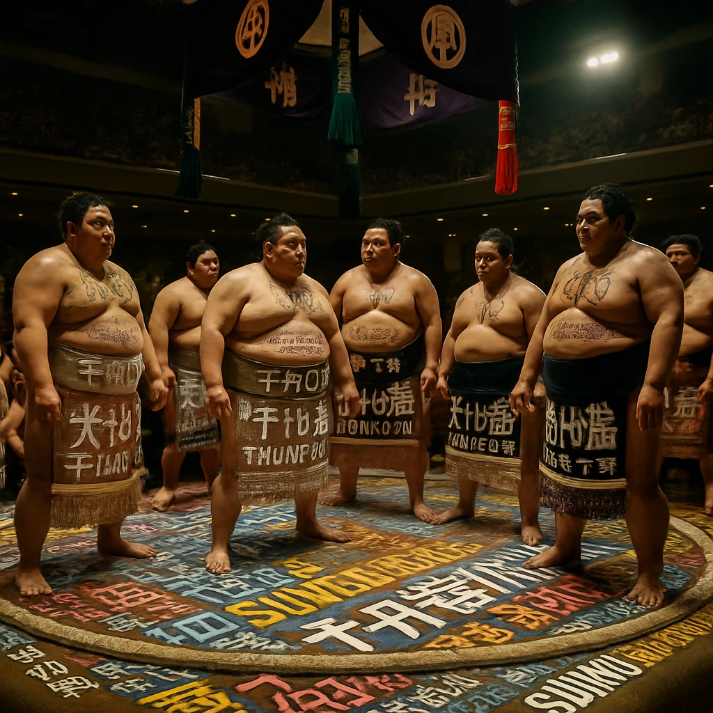 土俵の上で多様なフォントの字幕が浮かび上がり、色鮮やかな力士たちが取り組む写真風のシーン。
