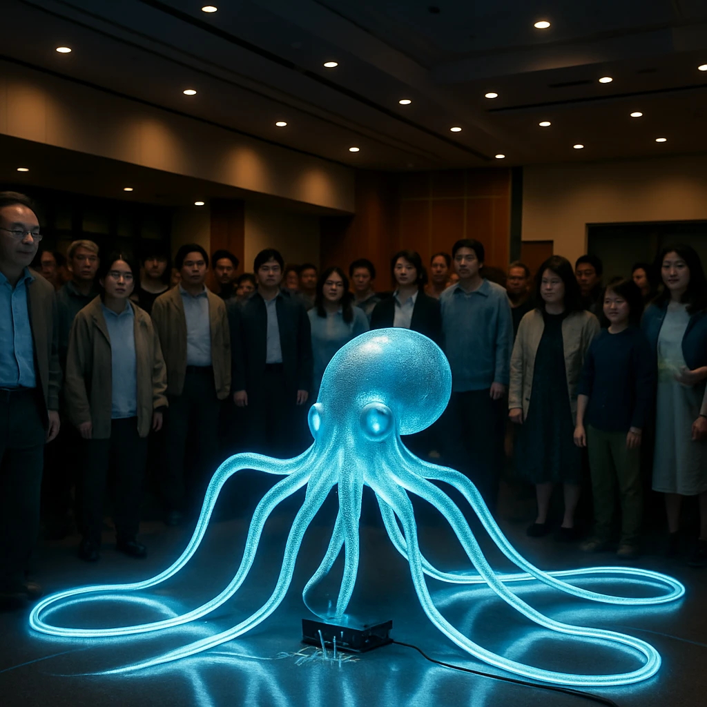 イベント会場の床を這う光るケーブルでできたタコ型ロボットと驚く人々の様子。