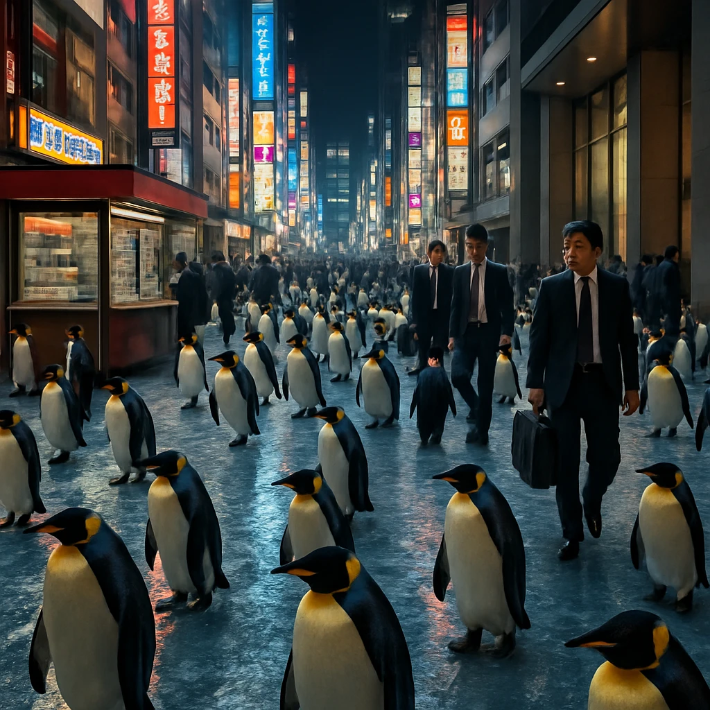 東京の街中が一面の氷に覆われ、ペンギンと会社員たちが混在して歩いている様子の写真。