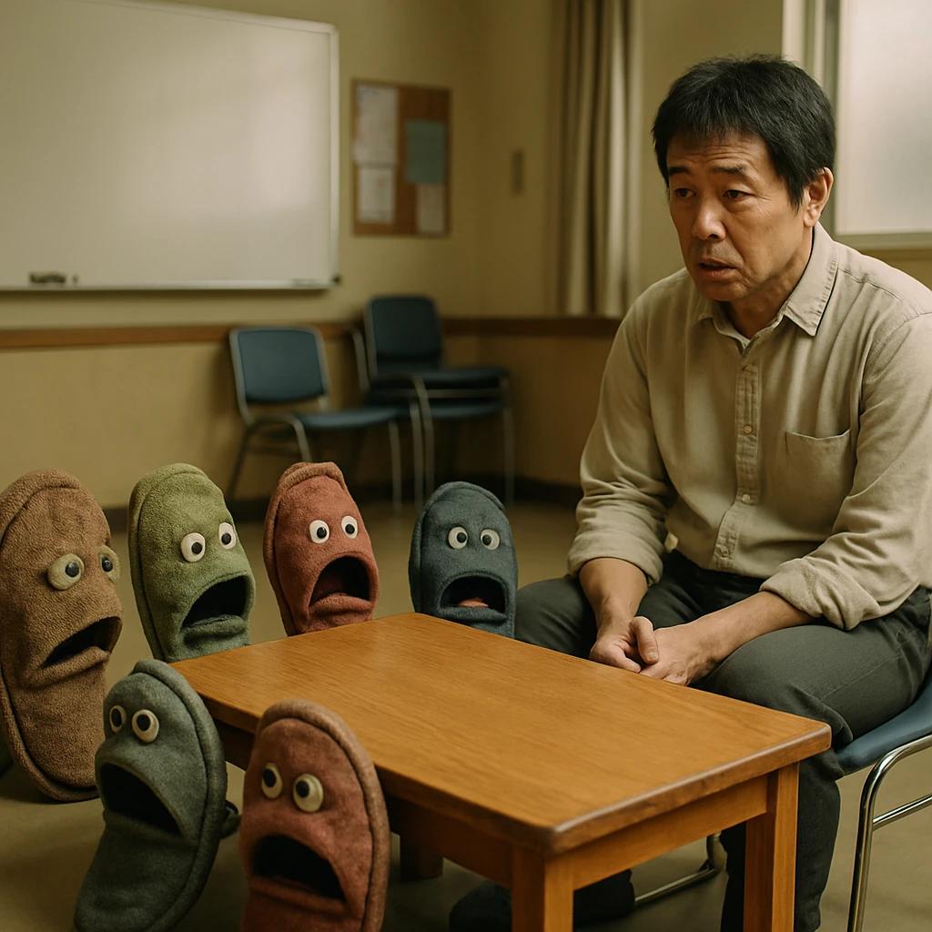 面接室でしゃべる表情豊かなスリッパたちと向かい合う男性の様子。