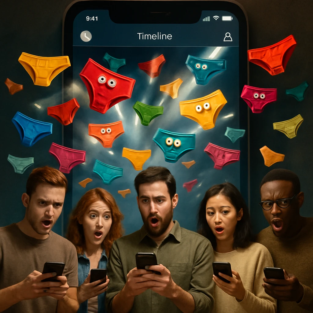 巨大なデジタル画面上をカラフルなパンツがスポットライトを浴びて飛び交い、人々がスマートフォンを驚いた表情で見つめている様子。